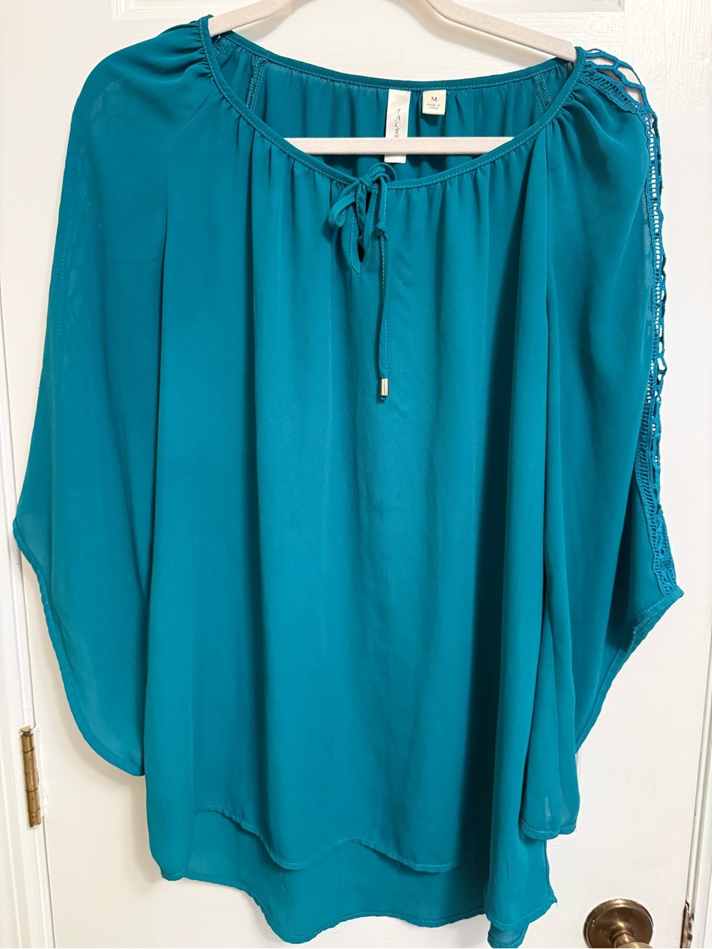 Teal silky blouse with Open sleeve work design